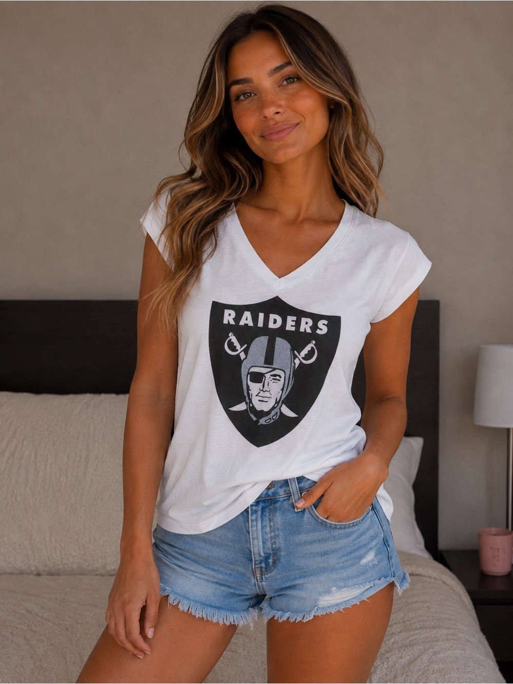 NFL White Raiders V-Neck Graphic Tee